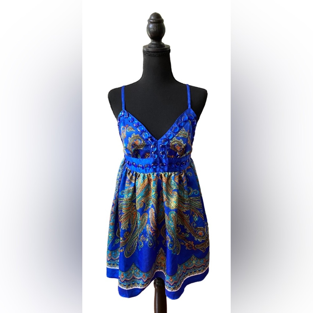 Magic: Blue and Green Silky Victorian Paisley Beaded Strap Shirt Dress